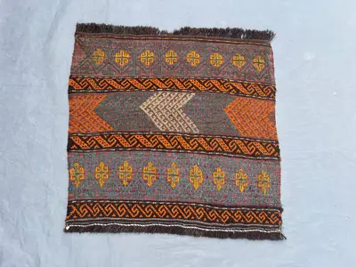 2.2 x 2.4 ft Afghan Sumak Kilim, Hand Woven Flat Weave Tribal Wool Rug, Brown Orange Geometric Design, One of 