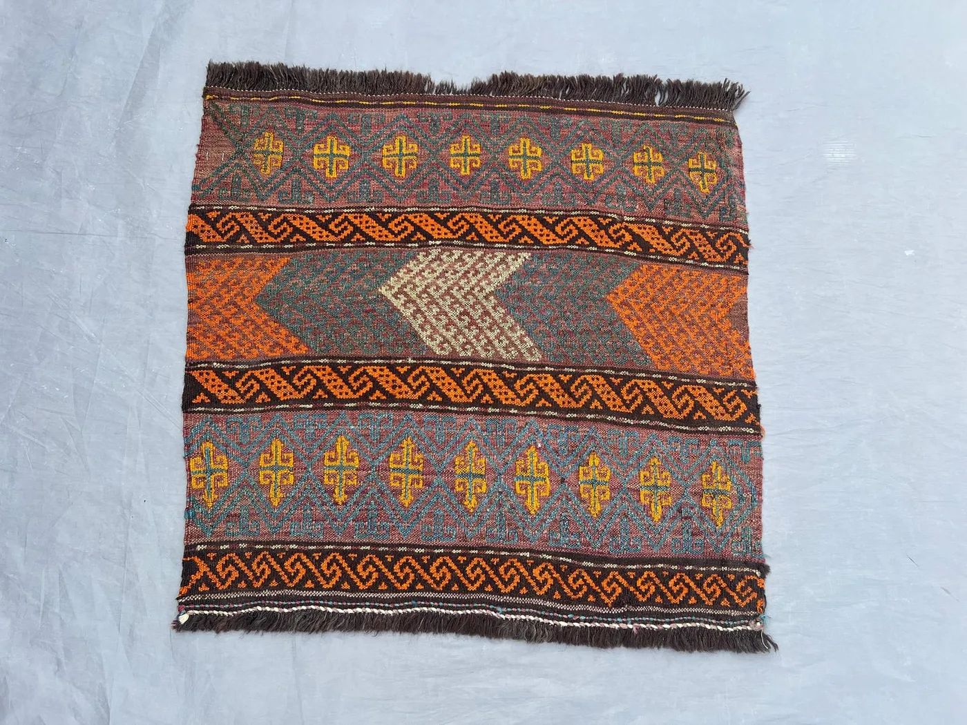 2.2 x 2.4 ft Afghan Sumak Kilim, Hand Woven Flat Weave Tribal Wool Rug, Brown Orange Geometric Design, One of a Kind | living room decor rug