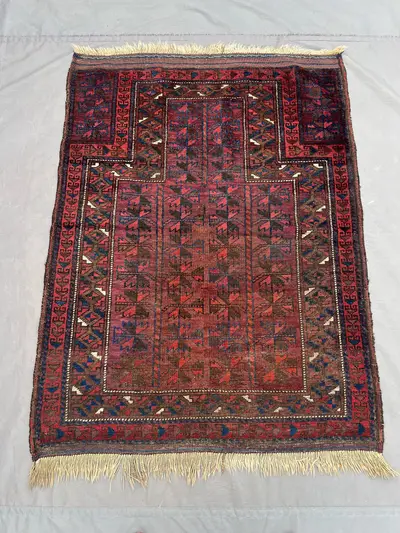 3 x 4 ft Afghan Hand Knotted Vintage Balochi Rug Low Pile Distressed Brown Red Tribal Geometric One Of A Kind 