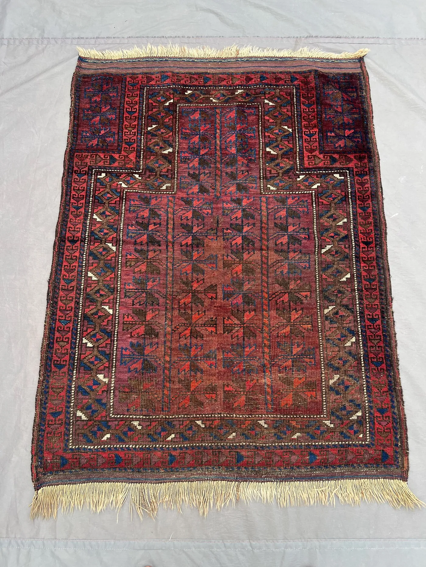 3 x 4 ft Afghan Hand Knotted Vintage Balochi Rug Low Pile Distressed Brown Red Tribal Geometric One Of A Kind Handmade Rug