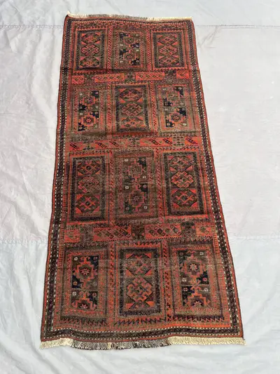 3 x 6 ft Afghan Hand Knotted Vintage Balochi Rug Low Pile Distressed Runner Brown Terracotta Tribal One Of A K