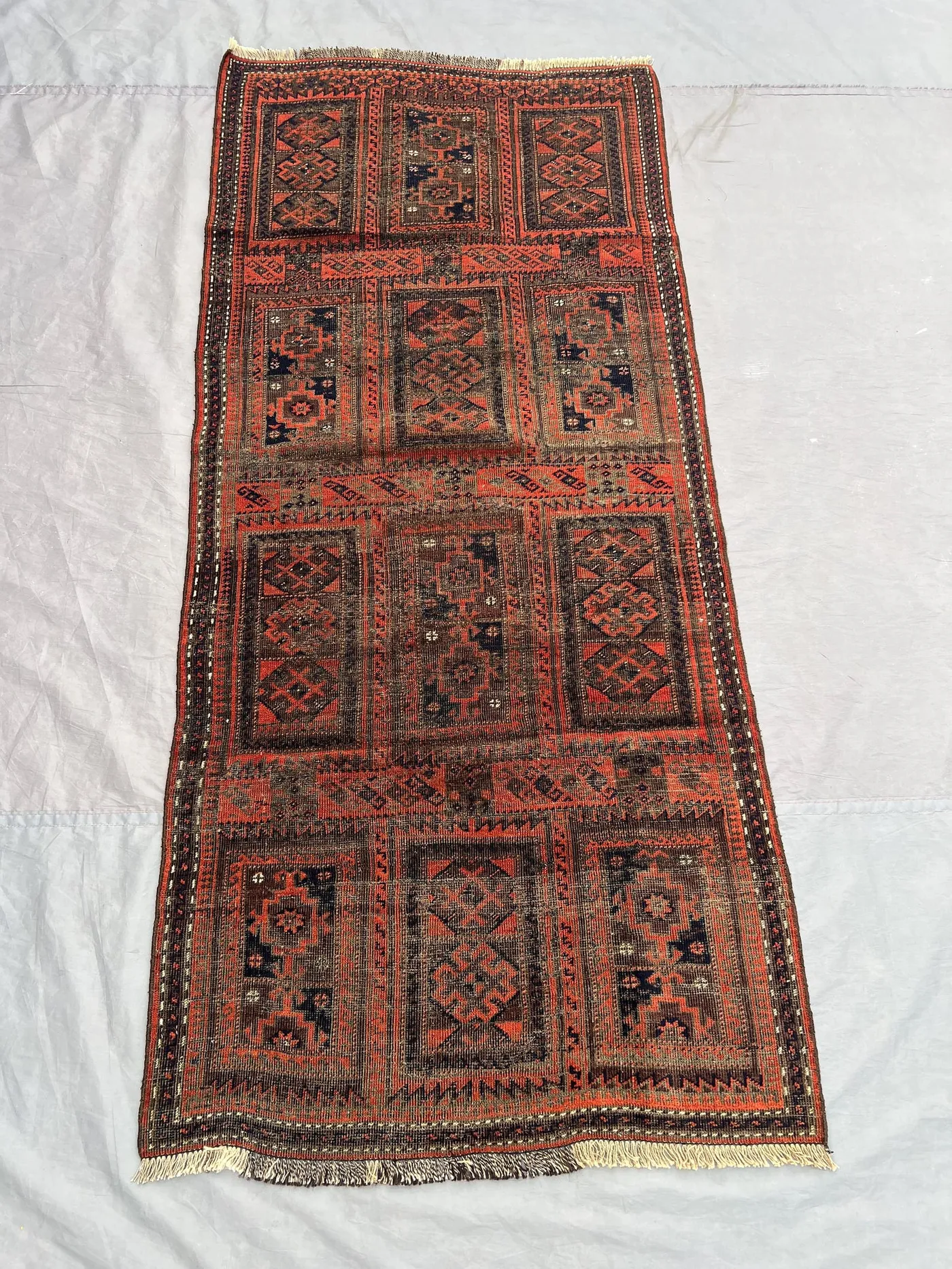 3 x 6 ft Afghan Hand Knotted Vintage Balochi Rug Low Pile Distressed Runner Brown Terracotta Tribal One Of A Kind Rug | Living room decor