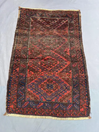 3 x 5 ft Afghan Baluchi Rug, Hand Knotted Wool rug Low Pile Distressed Tribal Design, Rare One of a Kind Vinta