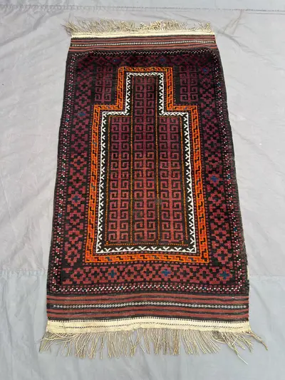 3 x 5 ft Afghan Hand Knotted Vintage Balochi Prayer Rug Soft Wool Pile Red Black Tribal Geometric One Of A Kin