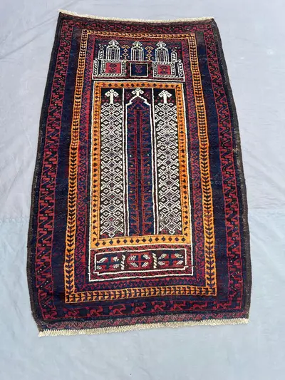 3 x 4 ft Afghan Baluchi Prayer Rug, Hand Knotted Wool Carpet, Red Blue Tribal Islamic Design, One of a Kind Or