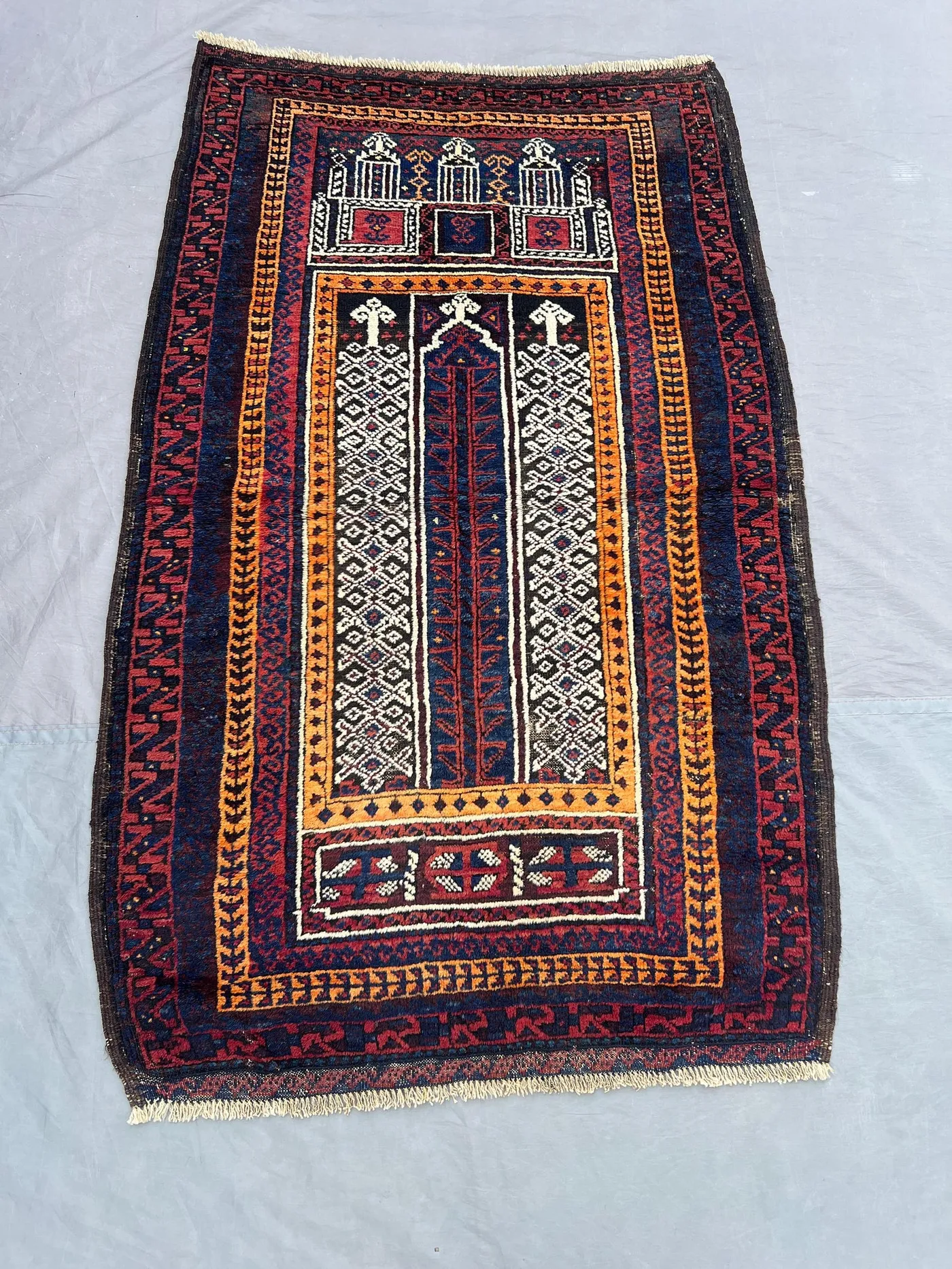 3 x 4 ft Afghan Baluchi Prayer Rug, Hand Knotted Wool Carpet, Red Blue Tribal Islamic Design, One of a Kind Oriental Decor | home decor rug