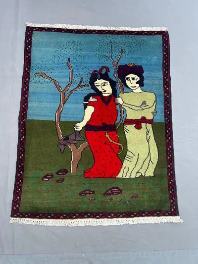 2.3 x 2.10 ft Afghan Baluchi Pictorial Rug, Hand Knotted Wool rug with Layla Majnun Design, Rare One of a Kind