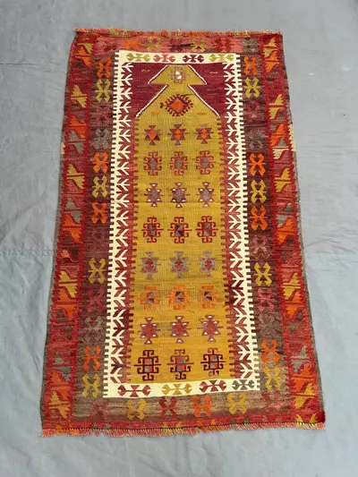 2'10" x 4'8" Afghan Hand-Woven Vintage Kilim Rug, Maimana Design, Unique Prayer Area Flat Weave Rug, Geometric
