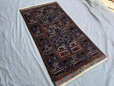 Afghan War Rug 2'10x5'6 | Hand Knotted Wool Tribal Pictorial Rug | Dark Navy Red Accent | Rare Vintage Decor |