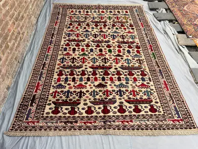 7x10 Vintage Afghan Baluchi War Rug, Handmade Wool Oriental Carpet, Rare Pictorial Rug with Tribal Motifs, Uni