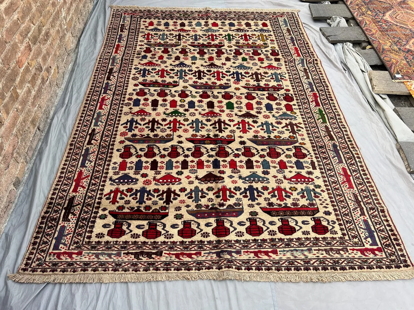 7x10 Vintage Afghan Baluchi War Rug, Handmade Wool Oriental Carpet, Rare Pictorial Rug with Tribal Motifs, Unique Collectible, Bedroom Rug