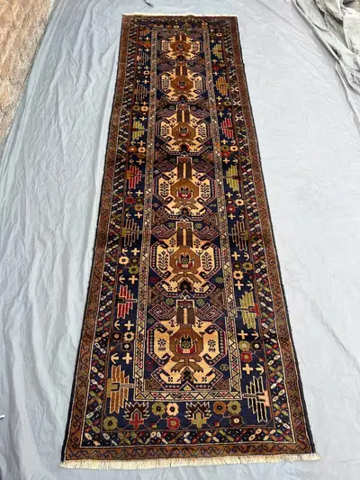 90x297 cm Afghan Hand-Knotted Rug, Vintage Baluchi Runner Rug, Rare Tribal Design, High-Quality Wool Hallway R