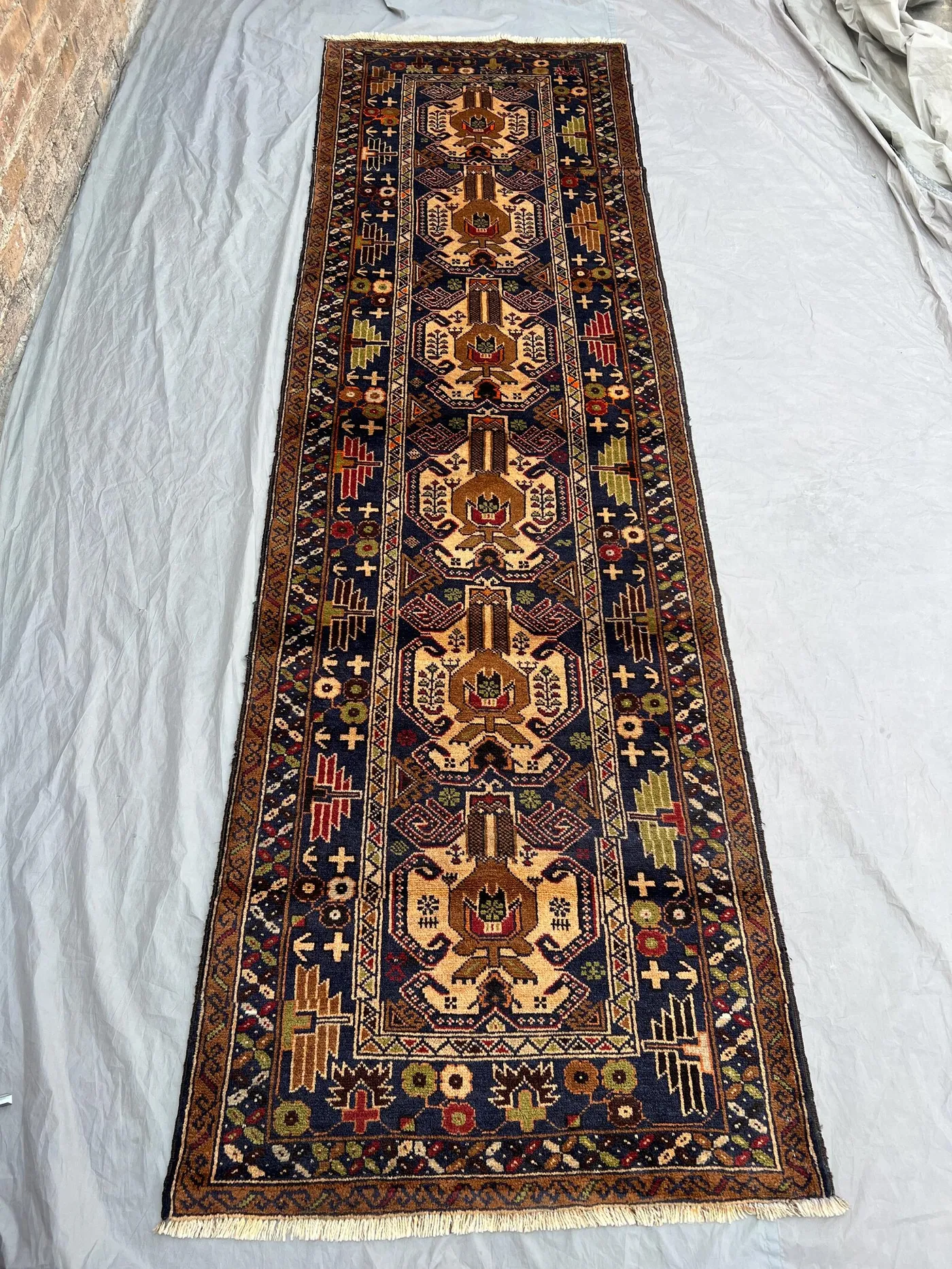 90x297 cm Afghan Hand-Knotted Rug, Vintage Baluchi Runner Rug, Rare Tribal Design, High-Quality Wool Hallway Rug, Antique Kitchen Decor