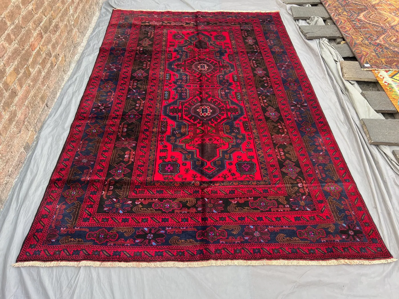 7x10 Vintage Afghan Baluchi Handmade Wool Rug, Rare Tribal Oriental Carpet, Red and Navy Geometric Design, Boho Nomadic Bedroom Rug Decor