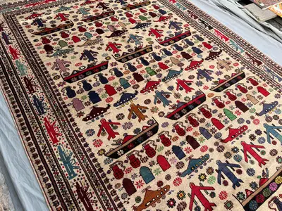 7x10 Vintage Afghan Baluchi War Rug, Handmade Wool Oriental Carpet, Rare Tribal Art Design, Collectible Area R
