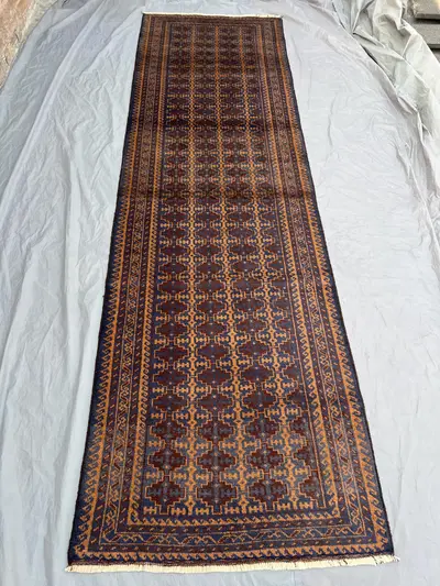Afghan Baluch Runner Rug 3'x10'2 ft Handmade Wool runner rug, Traditional Turkmen Tribal Hallway Rug, Vintage 