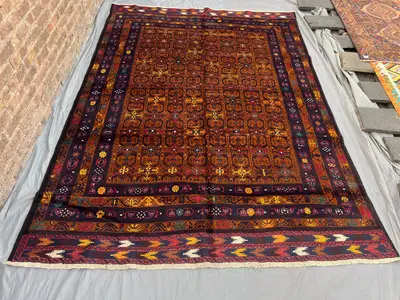7 x 9'8 ft Vintage Afghan Baluchi Handmade Wool Rug, Rare Tribal Geometric Carpet, Oriental Nomadic Boho Area 