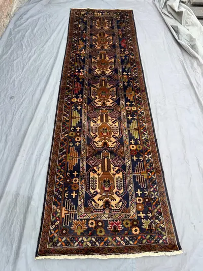 3 x 10 ft Afghan Hand-Knotted Vintage Rare Soft Pile One-of-a-Kind Pictorial Runner Rug - Balochi Design | Hal