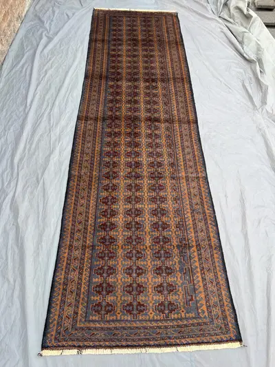 3' x 10'3" Vintage Afghan Hand-Knotted Tribal Runner Rug, Geometric Wool Design, Antique Hallway Carpet, Cauca