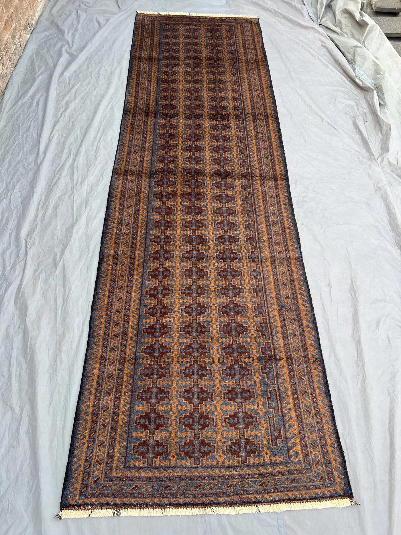 3' x 10'3" Vintage Afghan Hand-Knotted Tribal Runner Rug, Geometric Wool Design, Antique Hallway Carpet, Caucasian Runner Rug, Kitchen Rug