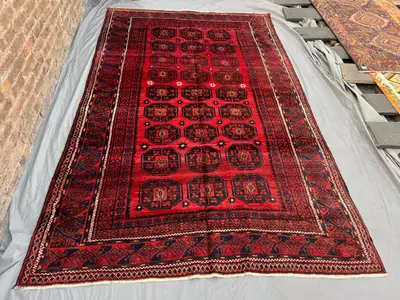 6'2 x 10'1 ft Vintage Afghan Baluchi Rug, Handmade Wool Carpet, Rare Tribal Oriental Area Rug, Red & Black Geo