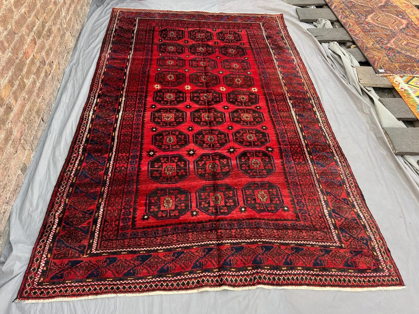6'2 x 10'1 ft Vintage Afghan Baluchi Rug, Handmade Wool Carpet, Rare Tribal Oriental Area Rug, Red & Black Geometric Pattern | Bedroom Rug