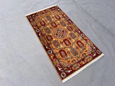 2 x 4 Vintage Turkish Inspired Caucasian Rug, Red Gold Tribal Design, Soft Wool Oriental Accent Carpet, Boho S