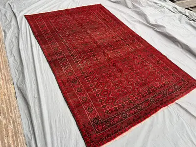 5x8 ft Vintage Afghan Baluch Rug | Antique Hand-Knotted Wool Carpet | Tribal Geometric Red Area Decor | Orient
