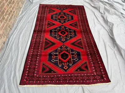 4'9x8'5 ft Vintage Afghan Baluch Runner Rug | Hand-Knotted Wool Carpet | Tribal Geometric Red Area Decor | Boh