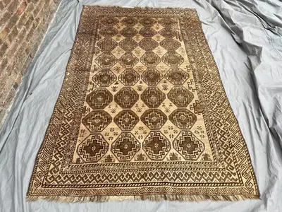 5'6x8'7 ft Vintage Afghan Baluch Rug | Hand-Knotted Wool Carpet | Moroccan Style Geometric Design | Boho Beige