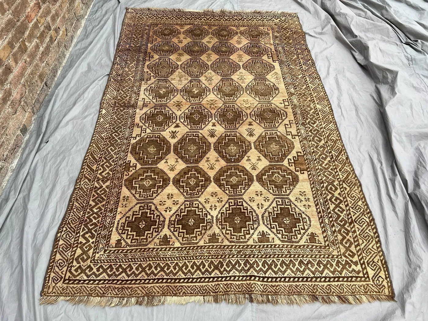 5'6x8'7 ft Vintage Afghan Baluch Rug | Hand-Knotted Wool Carpet | Moroccan Style Geometric Design | Boho Beige Brown Rug Decor | Bedroom Rug