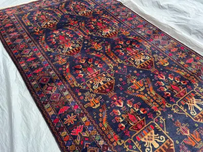 5x8'5 ft Vintage Afghan Hand-Knotted Floral Pot Design Rug | Wool Tribal Carpet | Boho Oriental Red Navy Decor