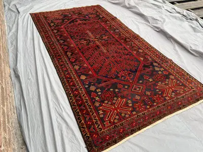 4'9x9 Vintage Afghan Baluch Wide Runner Rug | Hand-Knotted Wool Carpet | Tribal Geometric Red Boho Decor | Ori