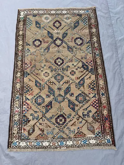 3 x 4'10 Antique Caucasian Kazak Rug, Low Pile Distressed Tribal Wool Carpet, 1900s Geometric Beige Blue Red R