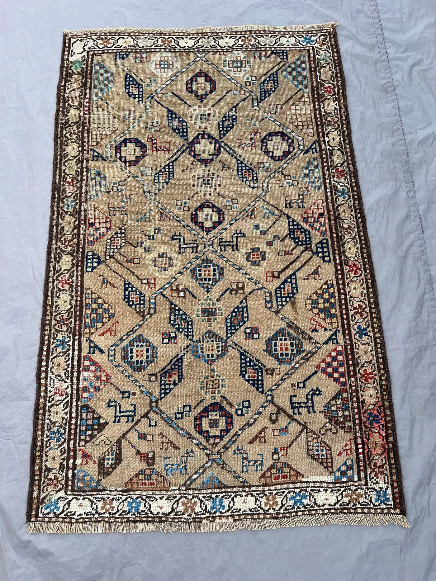 3 x 4'10 Antique Caucasian Kazak Rug, Low Pile Distressed Tribal Wool Carpet, 1900s Geometric Beige Blue Red Rug, Medallion Rare Rug Decor