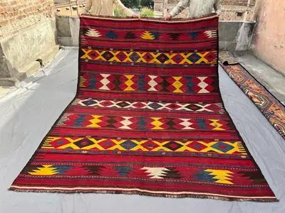 7x10 Vintage Afghan Kilim Rug, Handwoven Flat Weave Wool Carpet, Tribal Geometric Oriental Area Rug, Living Ro