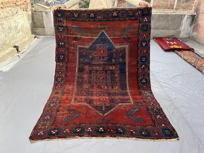5x7 Antique Caucasian Medallion Rug, Low Pile Distressed Tribal Wool Carpet, Red Blue Geometric Vintage Area R