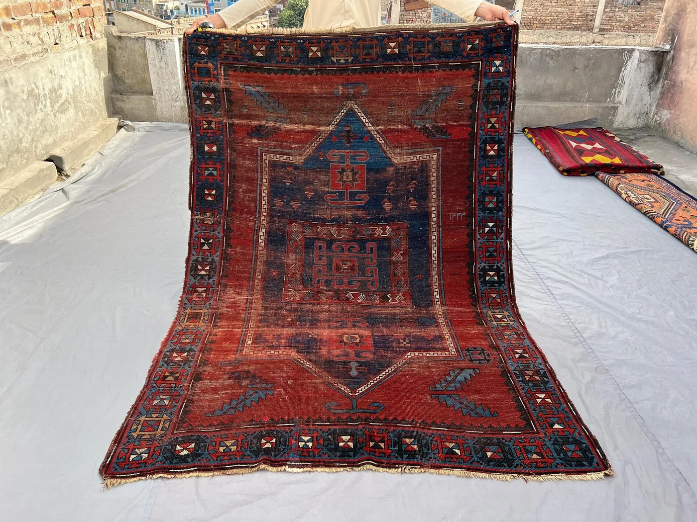 5x7 Antique Caucasian Medallion Rug, Low Pile Distressed Tribal Wool Carpet, Red Blue Geometric Vintage Area Rug Decor | Living Room Rug