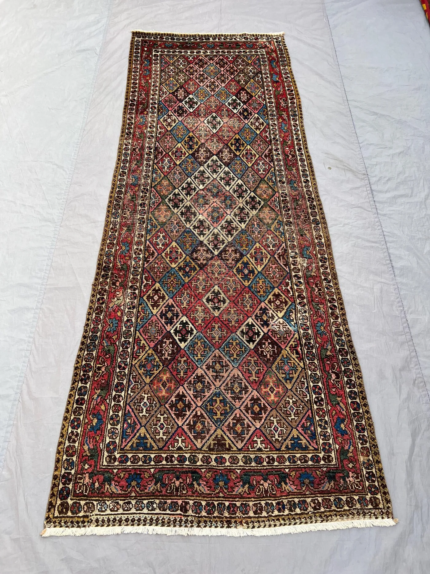 3'6x9'1 Antique Hand-Knotted Runner Rug | Persian-Style Diamond Lattice Design | Red, Indigo & Ivory Floral Tribal Wool | Hallway Rug