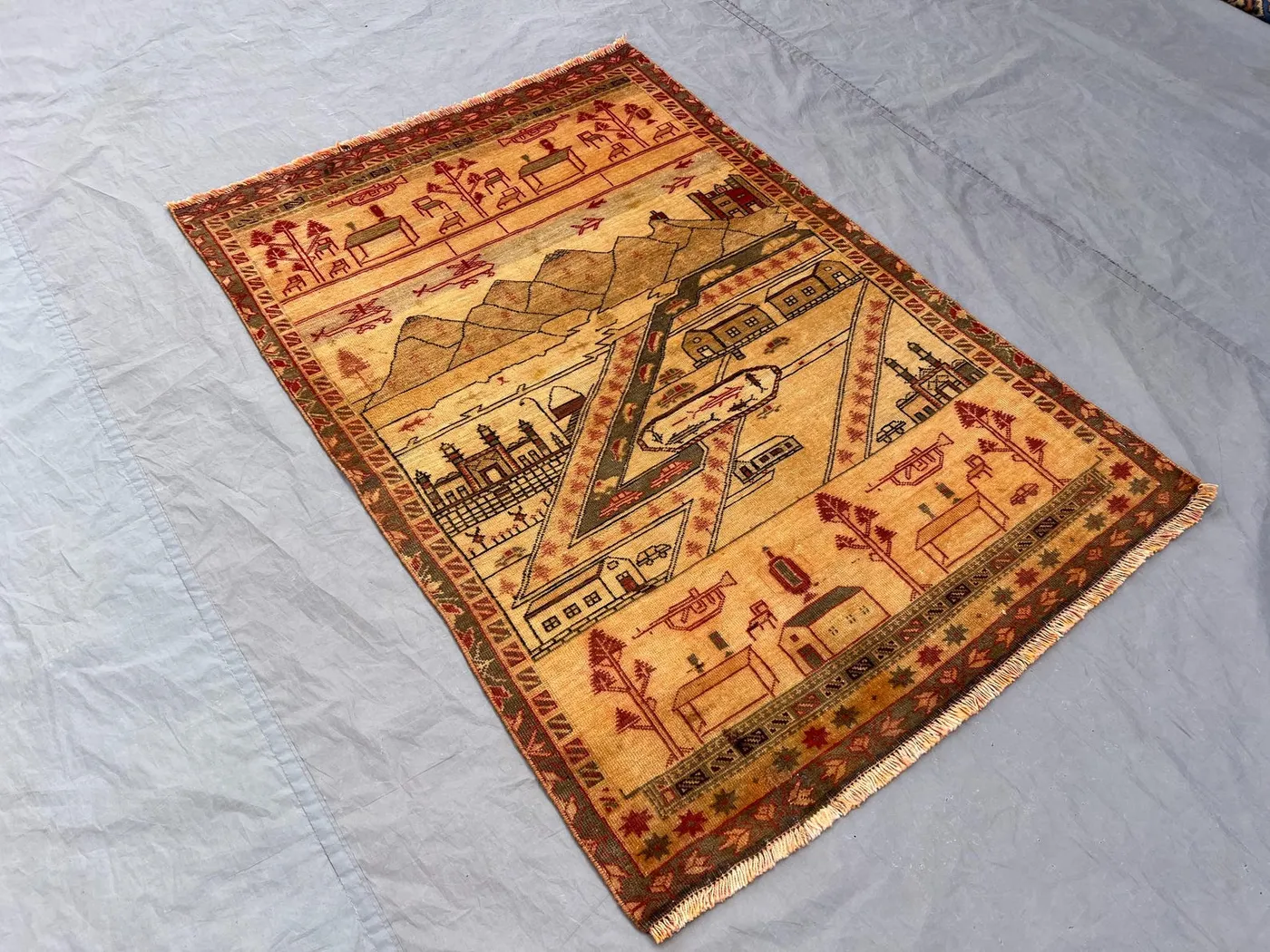 3'2 x 4'8 ft Vintage Afghan Hand-Knotted Baluchi War Rug Pictorial Tribal Wool Carpet Unique Art Scene One-of-a-Kind Rug | Office Rug Decor