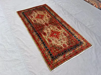 3 x 5'7 ft Vintage Afghan Hand-Knotted Rug, Geometric Oriental Wool Carpet, Red Cream Tribal Design Rare Rug, 