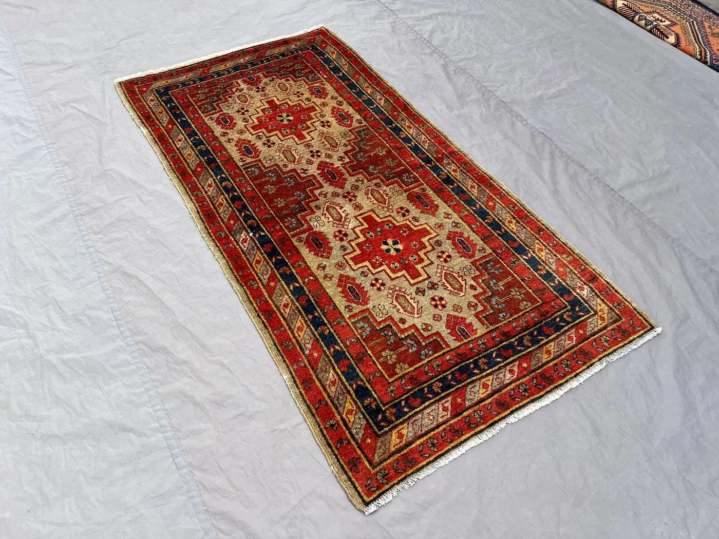 3 x 5'7 ft Vintage Afghan Hand-Knotted Rug, Geometric Oriental Wool Carpet, Red Cream Tribal Design Rare Rug, Home Decor Accent Kitchen Rug