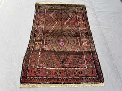 4'1 x 6'6 ft Antique Afghan Hand-Knotted Baluchi Rug, Low Pile Tribal Wool Carpet, Vintage Geometric Brown Red
