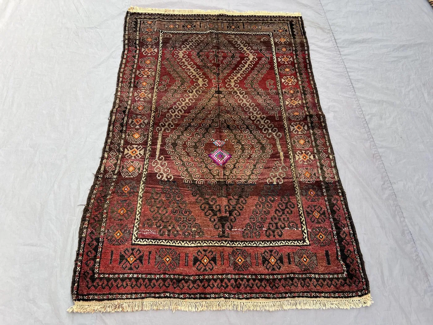 4'1 x 6'6 ft Antique Afghan Hand-Knotted Baluchi Rug, Low Pile Tribal Wool Carpet, Vintage Geometric Brown Red Rare Rug, Bedroom Decor