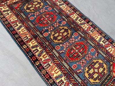 2'4 x 4'6 Vintage Turkish Hand-Knotted Kazak Rug, Geometric Wool Carpet Red Blue Beige Tribal Rug, Pattern Sma