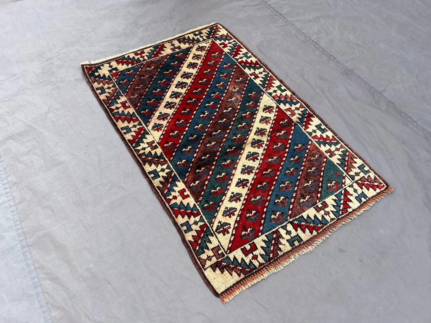 2'5 x 3'8 ft Vintage Afghan Hand-Knotted Kazak Rug, Tribal Wool Carpet Red Blue Cream Geometric Pattern Small Area Rug, Laundry Decor
