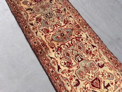 1.11 x 4.4 Vintage Turkish Hand-Knotted Rug Beige Red Oriental Design Soft Wool Runner One-of-a-Kind Boho Home