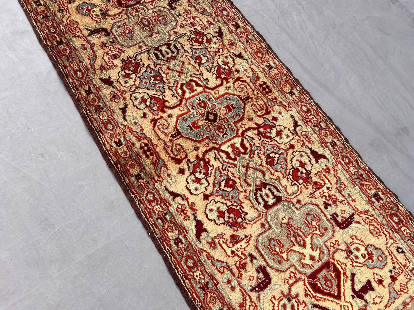 1.11 x 4.4 Vintage Turkish Hand-Knotted Rug Beige Red Oriental Design Soft Wool Runner One-of-a-Kind Boho Home Decorative Carpet, Kids Rug