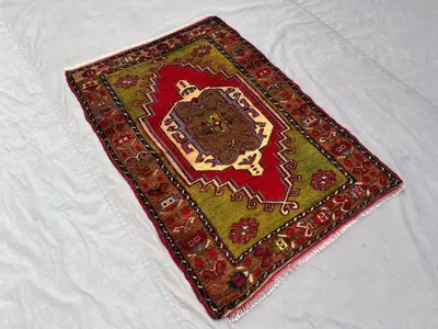 3x4 Turkish Vintage Hand-Knotted Rug, Red Green Wool Carpet, Small Antique Tribal Design, Soft Pile Boho Decor