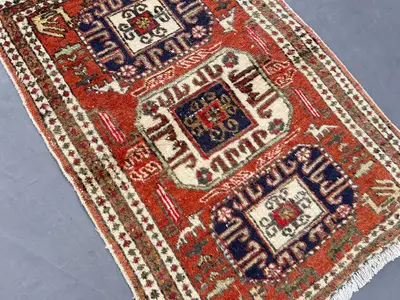 2'3 x 3'3 ft Vintage Caucasian Kazak Rug, Handmade Wool Carpet, Rare Low Pile Tribal Geometric Design, Collect